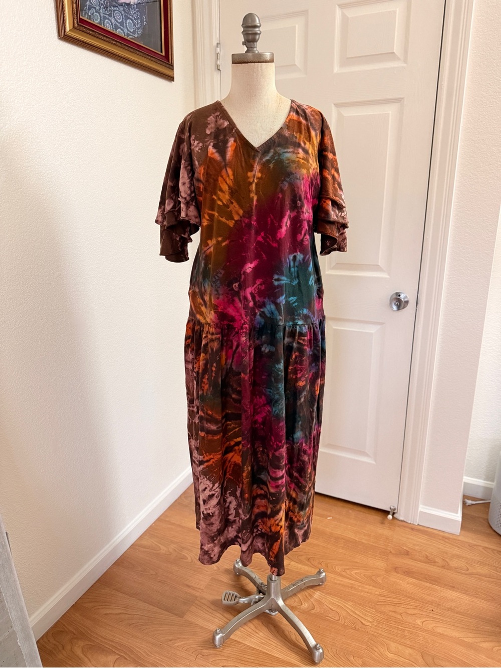 Ty Multicolor Tie-Dye V-Neck Maxi Dress in Brown, Pink, Teal, Orange